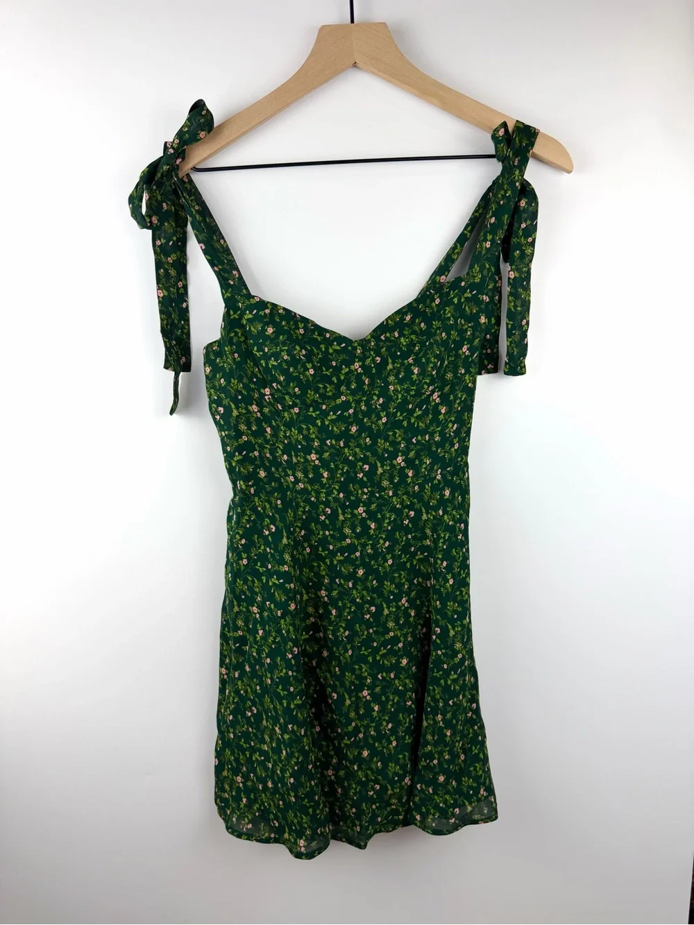 Reformation Green Floral Tie-Shoulder Mini Dress